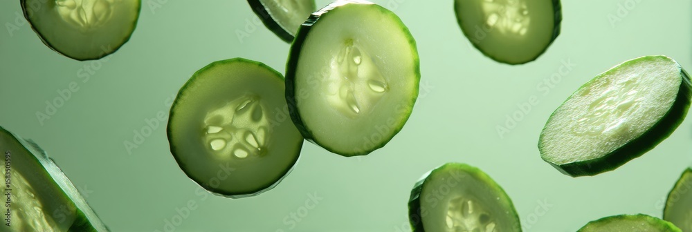 Poster floating cucumber slices create a refreshingly minimal composition with gentle shadows against a sof