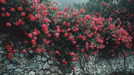 Lush rose bushes cascading over a stone wall.