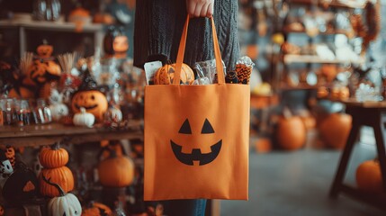 A cheerful person shopping for Halloween in a store filled with pumpkins and holiday merchandise.