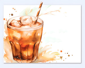 Watercolor template with with espresso with ice coffee with ice cubes. This design is suitable for greeting and invitation cards for tasting.