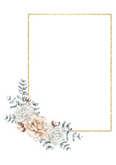 Neutral Floral Watercolor Frame with Gold Border vector illustration