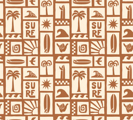 Retro surf seamless pattern. Bold graphic elements: palm trees, waves, sun, surfboards, shaka hand. Surfing background.