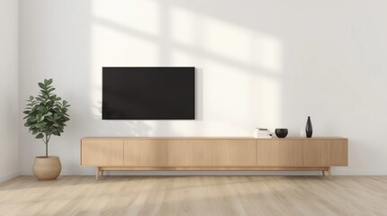 3D rendering of modern living room with TV screen and sofa on nature background.