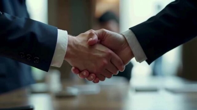 Successful business deal shown through a handshake, agreement, collaboration, and partnership between two men in suits finalizing a contract during a meeting.