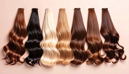 Various shades of clip in hair extensions on a neutral color backdrop