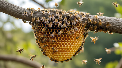A busy natural honeycomb attached to a tree branch, surrounded by numerous bees in flight.
