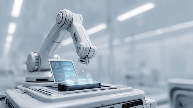 Quality Control - Minimal Tech Concept: minimalistic concept art of automated quality control system, single robotic scanner arm, digital display interface