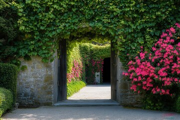 Obraz premium A vibrant garden entrance framed by lush greenery and colorful flowers in springtime