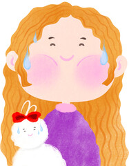 Cartoon Girl and Stuffed Toy Smiling Awkwardly with Sweat Drops