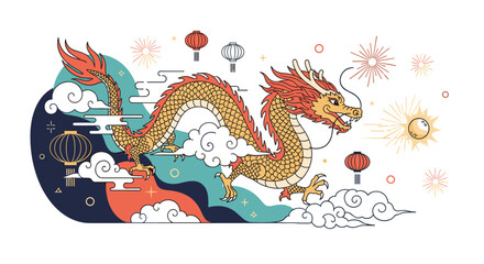 Obraz premium Festive chinese dragon dance celebration with fireworks and lanterns lighting up the night sky