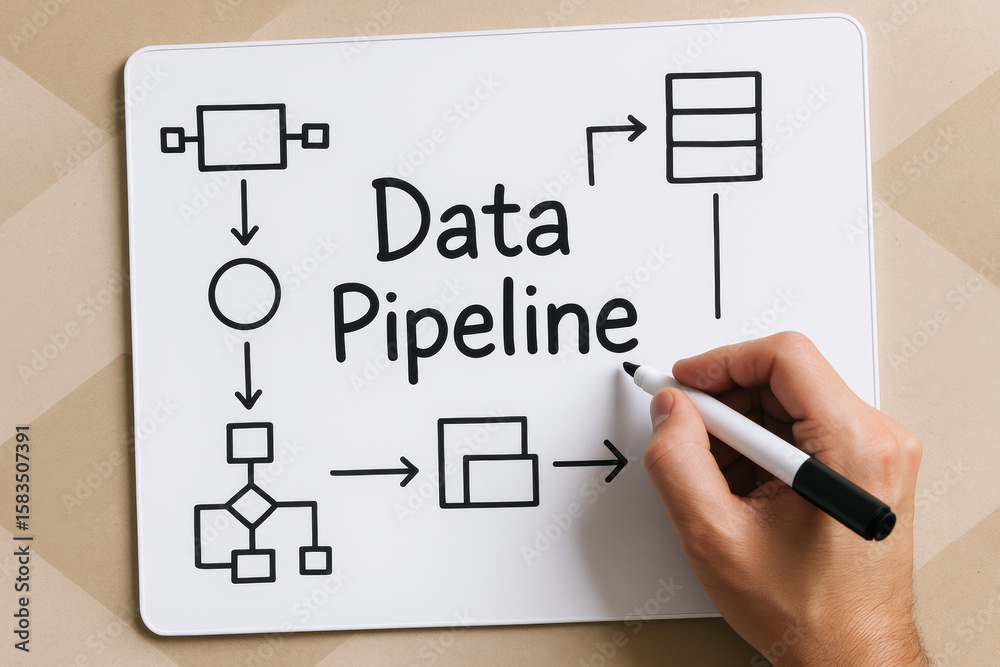 Poster strategic workflow design captures the data through a pipeline process illustrating organized connec