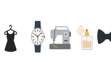 Fashion essentials including a dress, watch, sewing machine, perfume, and bowtie displayed on a clean background