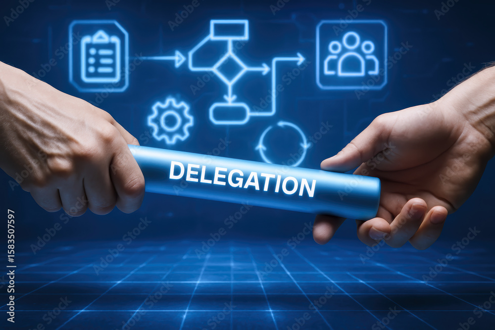 Poster a glowing baton symbolizing delegation is passed carefully between hands against a futuristic digita