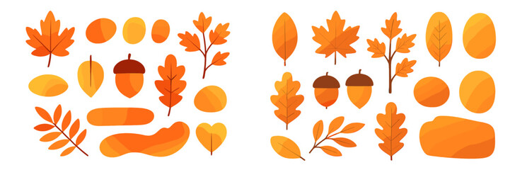 Fall-themed leaf and acorn shapes in warm orange tones arranged on a white background