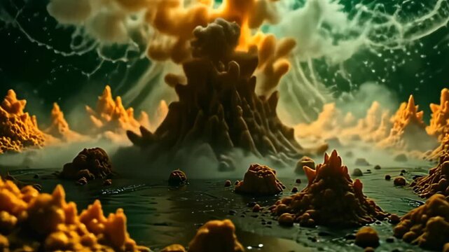 inward axerophthol landscape of twisting golden and black, glittering spikeball of dissonance fuzzy conceptual pulsate conflagrate comparable volcanic activity, work intricate cast that