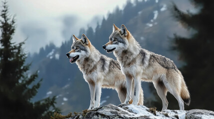 Obraz premium Timber wolf hunting in mountain