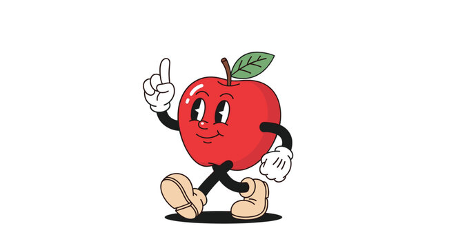 Whimsical animated red apple character walking with a happy expression and a raised index finger