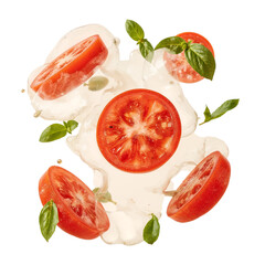Naklejka premium Sliced tomatoes and fresh basil leaves float over a creamy white sauce, creating a vibrant and appetizing food scene on a transparent background.