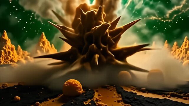 In a landscape of swirling gold and black, shimmering spikeball of noise hazy abstract pulses erupt like volcanic activity, forming intricate shapes that expand and collapse rhythmically,