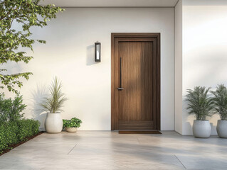 New house with wooden door and empty white wall.