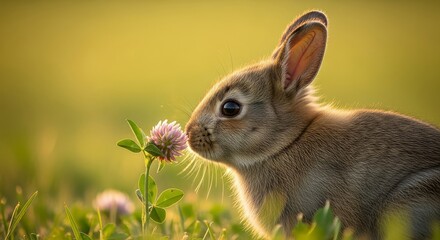 Obraz premium Cute Bunny Smelling Pink Clover Flower in Soft Sunlit Meadow Closeup