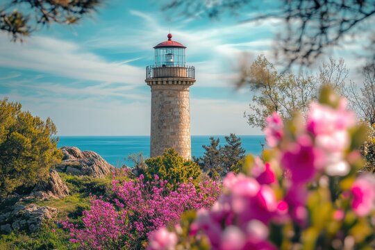 A coastal lighthouse surrounded by blooming flowers under a clear blue sky