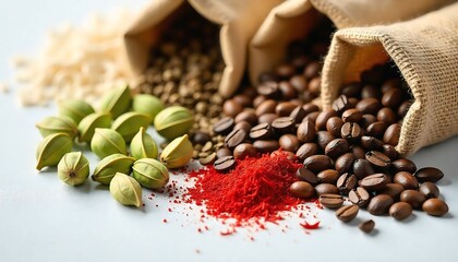 Ultra high-resolution, clean and hygienic setup showing freshly delivered Chai Karak premix ingredients. Flat lay or 3/4 angle view of vibrant green cardamom pods, whole cloves, dried tea leaves, red 