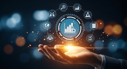 Businessman's hand presenting data analytics and business intelligence technology concept