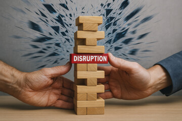 A steady supports a fragile block tower symbolizing disruption illustrating risk management and strategic challenges in business