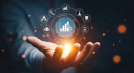 Business hand holding a data analysis icon with business chart and modern technology