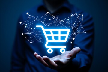 Glowing shopping cart icon with a network of connections hovering over an open palm, symbolizing online commerce and digital business