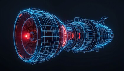 A futuristic jet engine design rendered in glowing lines.