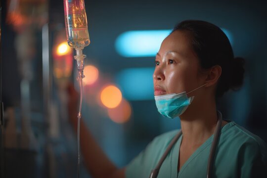Medical professional adjusting IV drip in a dimly lit hospital room with blurred lights