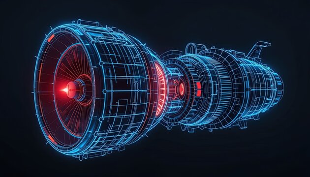 A futuristic jet engine design rendered in glowing lines.
