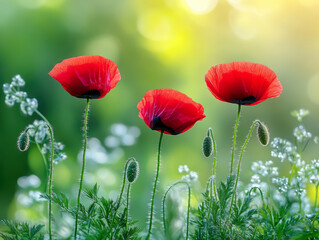 Fototapeta premium Beautiful field of red poppies in the sunset light