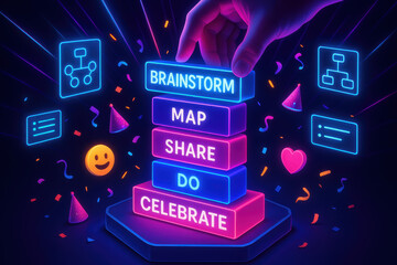 A strategic arranges illuminated blocks symbolizing ideation organization collaboration execution and achievement on a glowing platform