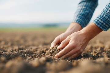farmer checking soil condition with bare hands in plowed field