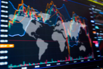 Blurred background, economy finance business stock earth global market financial forex map chart digital investment graph background.