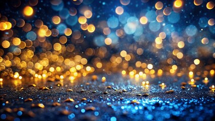 A dazzling display of golden and blue bokeh lights creates a magical and festive abstract background