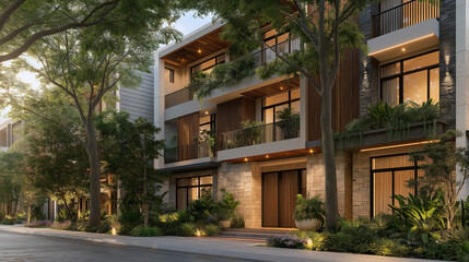 Obraz premium Modern Townhouse Oasis: A captivating architectural rendering showcasing a stylish townhouse residence, blending contemporary design with lush greenery and inviting natural light.