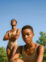 Two young black women in beige swimsuits posing confidently under a clear blue sky in a natural summer setting. One is seated in the foreground, the other stands behind with crossed arms.