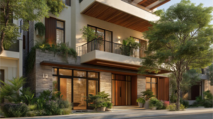 Fototapeta premium Luxurious Home Exterior: The exterior of a modern luxury home, showcasing architectural details and design elements surrounded by lush greenery and warm ambiance.