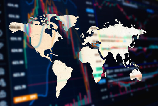 Blurred forex background, economy finance business stock earth global market financial forex map chart digital investment graph background.