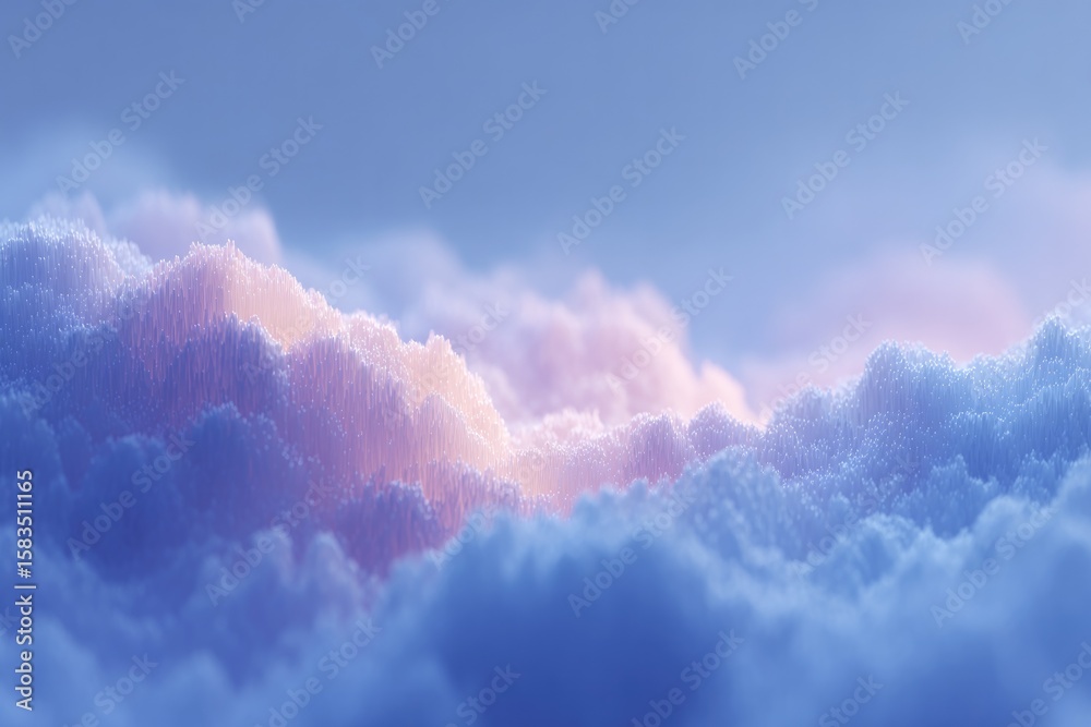 Poster flat-lay of 3d abstract volumetric cloud forms floating above textured base under diffused light