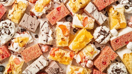 Brightly colored sugary cake portions