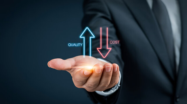 Businessman presenting increased quality and decreased cost with holographic arrows