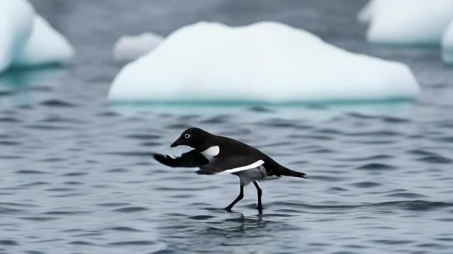 Little Auk Plunging Into Glaucous Arctic Sea Waters Under Bright Overcast Sky