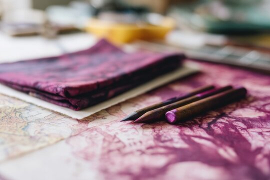 flat-lay of batik stencil tools fabric dye sachet and printed map of java on art table