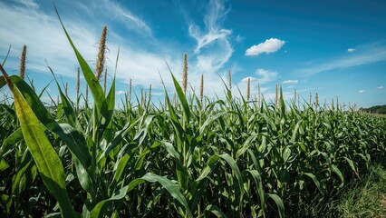 Fototapeta premium Corn crops stretching under a navy blue sky