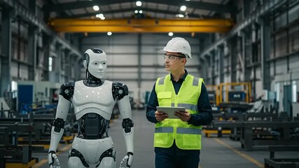 A worker and humanoid robot walk side by side through a manufacturing plant embracing collaboration and technological advancement in industry - Powered by Adobe